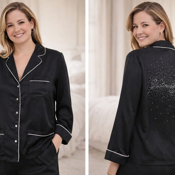 Victoria's Secret Other - Victoria’s Secret Black Satin Pajama Top Leopard Print Rhinestone Back